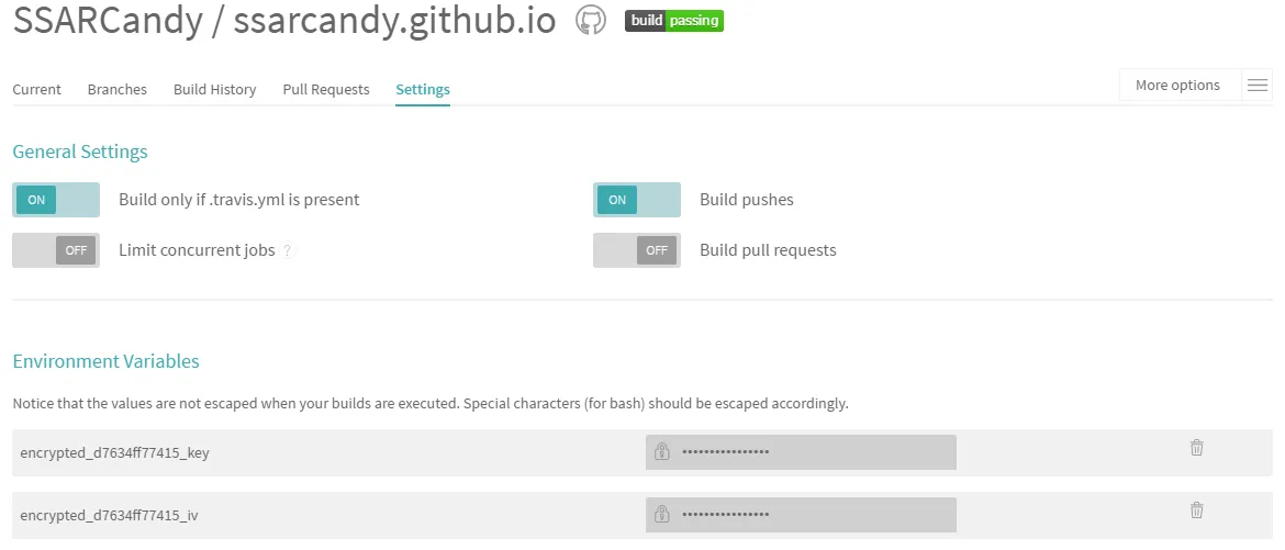 repository > more options 可以設定、看到 Travis 的環境變數