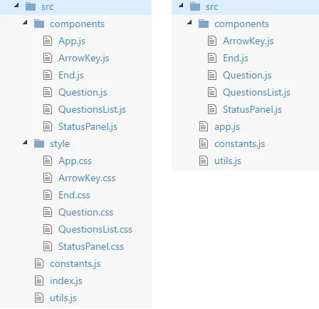 左圖是 React 的檔案結構；右圖是 React Native 的檔案結構。