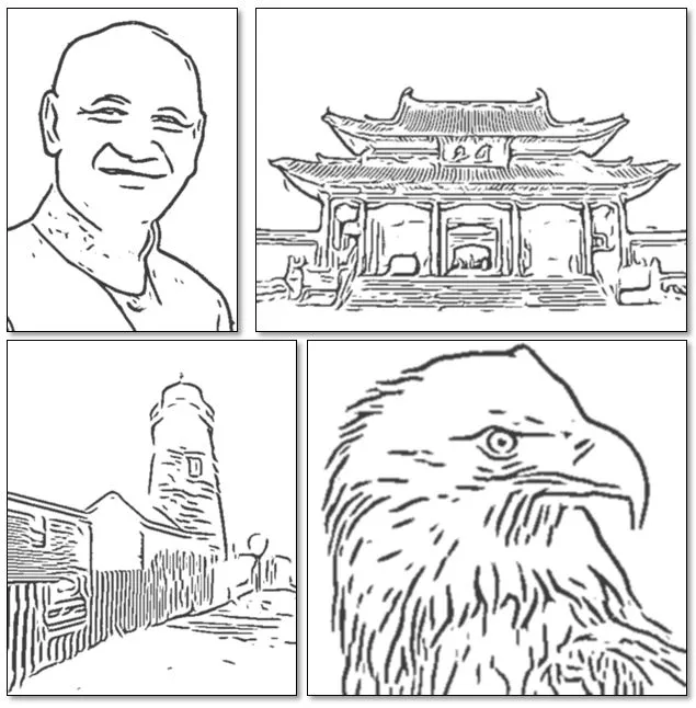 輸出結果。由左上至右下：蔣公、廟、燈塔、老鷹。